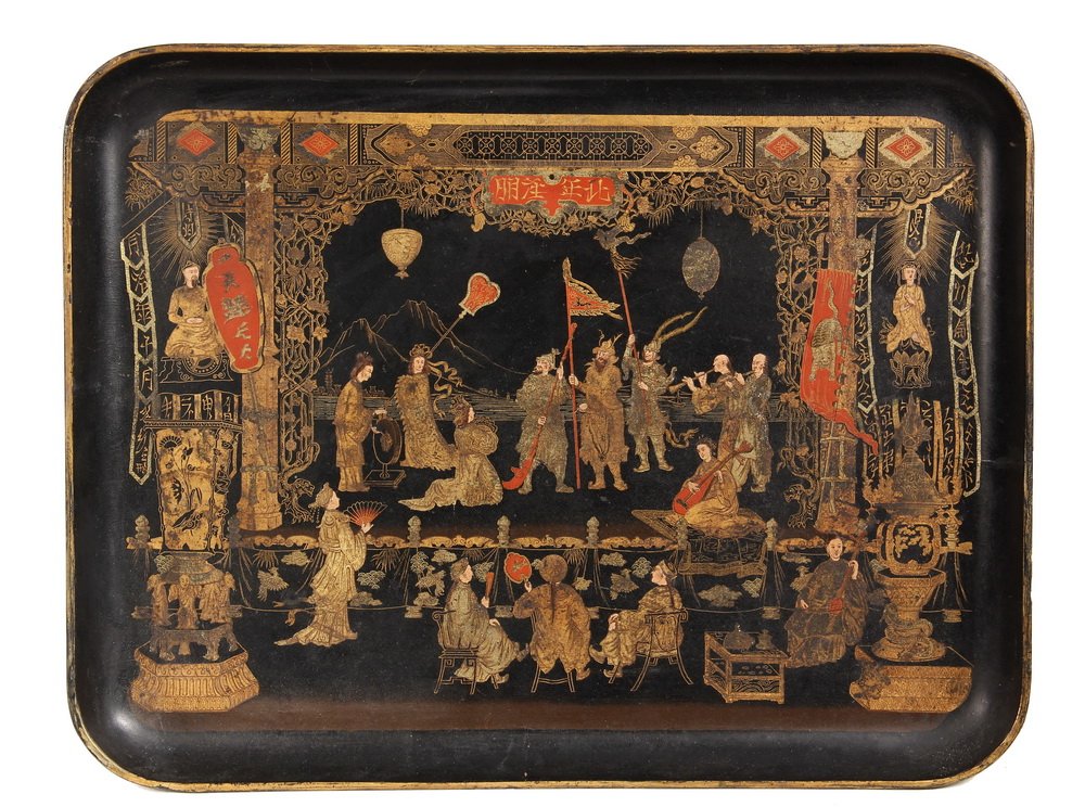CHINESE LACQUERED PAPIER MACHE TRAY - Oblong Lipped: CHINESE LACQUERED PAPIER MACHE TRAY - Oblong Lipped Tray in black with gold and red depiction of a theatre production in rehearsal, with actors on stage in warrior costume, several people observing. 1