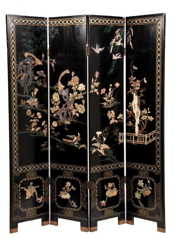 FOUR-PANEL CHINESE FOLDING SCREEN - Early 20th c. Black: FOUR-PANEL CHINESE FOLDING SCREEN - Early 20th c. Black Lacquer, Hardstone Decoration of birds in garden on one side, with mother-of-pearl border; similar themes in gold cartooning, brass feet. 72" t,