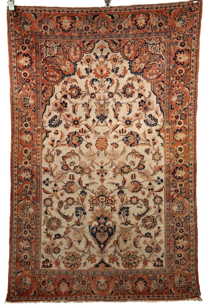 KASHAN PRAYER RUG - 4'2" x 6'3" - Early 20th c. West: KASHAN PRAYER RUG - 4'2" x 6'3" - Early 20th c. West Central Persia, deep ivory field prayer mihrab covered with a large navy blue vase and vines, serrated leaves, palmettes and rosettes in navy blue,