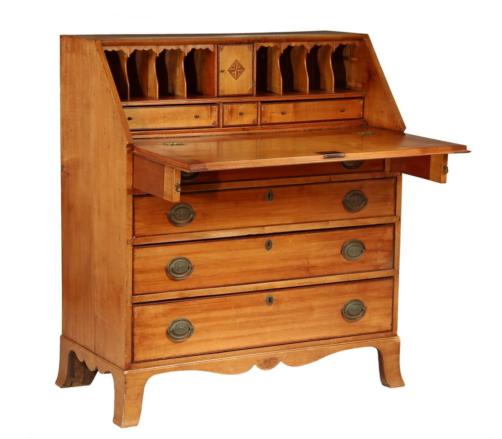 SLANT LID DESK - 18th c. Country Hepplewhite Maple &: SLANT LID DESK - 18th c. Country Hepplewhite Maple & Cherry Slant Front Desk with inlaid interior drawers and cabinet over four banded edge graduated drawers with oval eagle brasses, shaped skirt and 