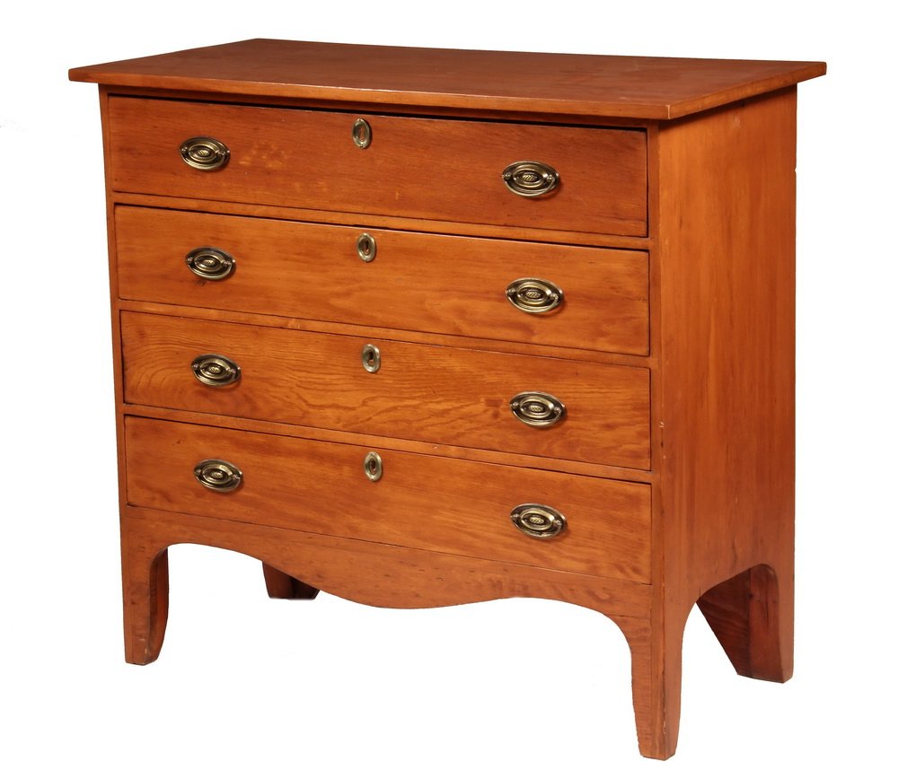 COUNTRY HEPPLEWHITE DRESSER - Early 19th c. Maine Made: COUNTRY HEPPLEWHITE DRESSER - Early 19th c. Maine Made Pine Dresser with overhanging top, four drawers, shaped skirt on tall legs, in newer red stain finish, eplaced oval brasses. 38 1/2" x 41 1/2" x 