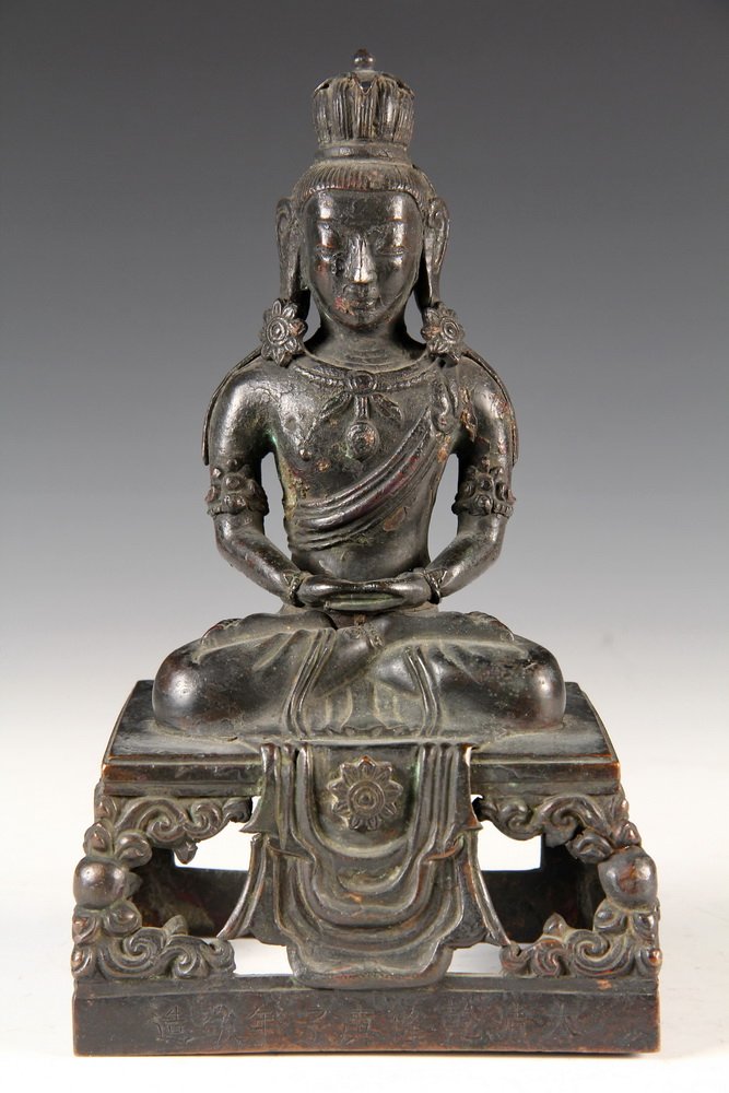 JAPANESE BRONZE BUDDHA - Early Meiji Period Bodhisattva: JAPANESE BRONZE BUDDHA - Early Meiji Period Bodhisattva in meditative stance, seated on a raised throne with flaming pearl legs. 7 3/4" tall. Very good condition.