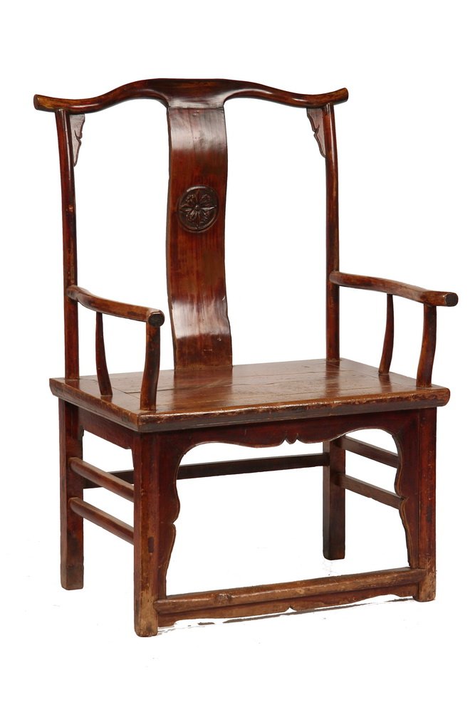 OVERSIZED CHINESE CHAIR - Throne Like Chair for Family: OVERSIZED CHINESE CHAIR - Throne Like Chair for Family Patriarch, in typical form with ox yoke rail, shaped arms, 'S' curved splat with carved floral medallion, shaped bracket with square beaded legs,