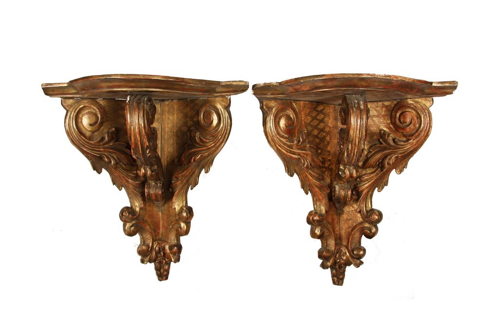 PAIR FRENCH GILT WOOD CORNER BRACKETS - Pair of Large: PAIR FRENCH GILT WOOD CORNER BRACKETS - Pair of Large Louis XIV Period Watergilt Carved Wood Corner Brackets, with intarsia detailing of underside and backplate, high relief carving of foliate support