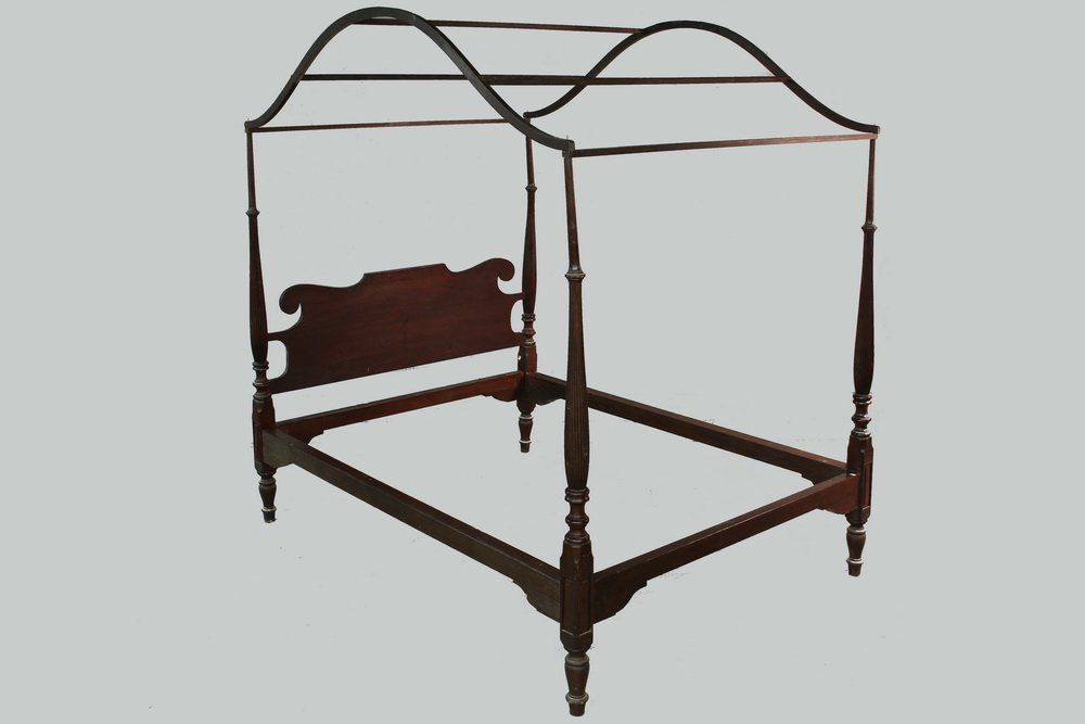 CANOPY BED - 19th c. Mahogany Sheraton Style Canopy Bed: CANOPY BED - 19th c. Mahogany Sheraton Style Canopy Bed with shaped headboard, turned and fluted posts with block and turned bases. Full arch top canopy frame. 82" x 80" x 60" Good condition, posts cu