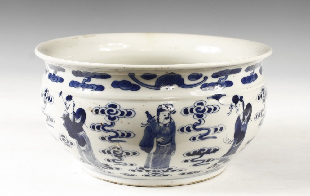 CHINESE PORCELAIN JARDINIERE - Low Chinese Export: CHINESE PORCELAIN JARDINIERE - Low Chinese Export Jardiniere, Guangxu Period, having a low profile, with flared rim, intermediate band, scholars below, bats and clouds above, 5" (12.7 cm) tall, 9 1/4"