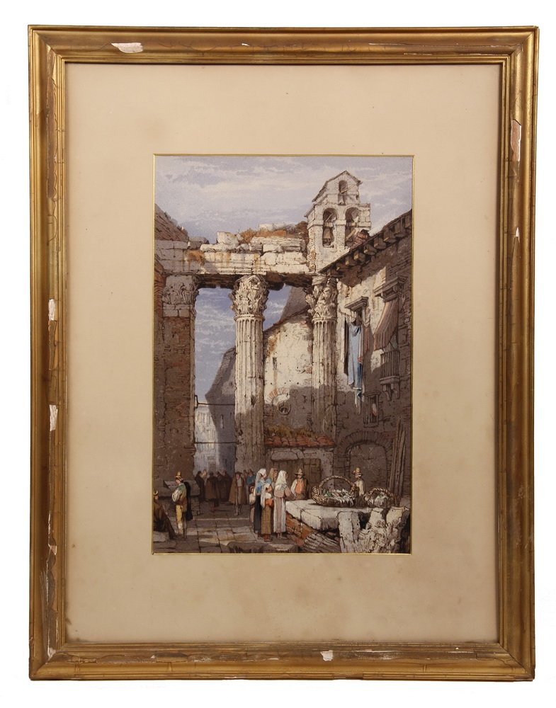 CHROMOLITHO PRINT - View of Market inside Roman Ruins,: CHROMOLITHO PRINT - View of Market inside Roman Ruins, label on back reads "Interior by Roberts". In gold molded frame, matted and glazed, circa 1880.Pencil inscription verso'after S. Prout' (Samuel P