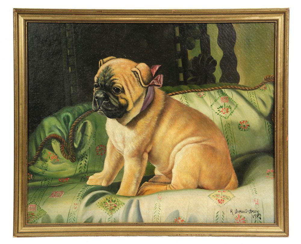 OIL ON CANVAS BOARD - Pug Dog on a Cushion with Ribbon: OIL ON CANVAS BOARD - Pug Dog on a Cushion with Ribbon Collar, by Robert Dumont-Smith (20th c. British), signed lr and dated 1907, in gold molded frame. OS: 20 1/2" x 25". SS: 18" x 22 1/2". Fine cond