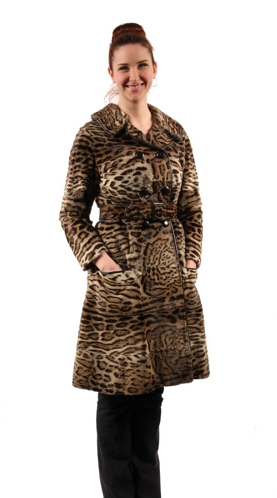 FUR COAT - 1970s Vintage Leopard Skin Long Coat with: FUR COAT - 1970s Vintage Leopard Skin Long Coat with leather trim and buttons, belt, made by Christie Brothers, New York. Glove pockets and interior pocket, silk lined. Small Size. Very good condition