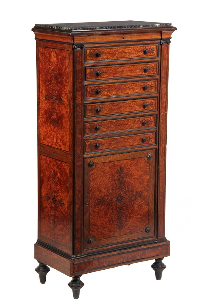 COLLECTOR'S OR LINEN CABINET - Aesthetic Period Marble: COLLECTOR'S OR LINEN CABINET - Aesthetic Period Marble Top Ebony & Figured Inlaid Mahogany, contrasted molding & knobs, 4 single & 1 faux double drawers (2 have caned bottoms), cabinet below, flanked