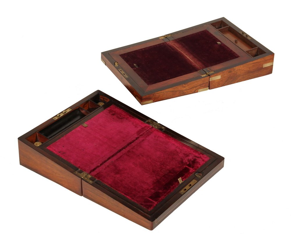 (2) 19TH C WRITING BOXES - English Rosewood with brass: (2) 19TH C WRITING BOXES - English Rosewood with brass string inlay & plate, purple velvet surface, gilt top ink bottles & American Mahogany, brass bound, 'MBK' engraved plate, 5" x 9 1/2" x 14" & 4 1