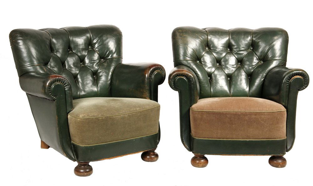 (2) ART DECO CLUB CHAIRS - 1930s Vintage Leather &: (2) ART DECO CLUB CHAIRS - 1930s Vintage Leather & Mohair Upholstered Armchairs with tufted green leather back, arms and shell, mohair seat (one green, one tan), ball feet. All original. 31" back, 32"