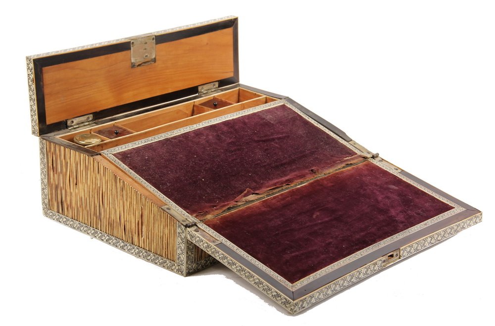COLONIAL INDIA WRITING BOX - Quill & Scrimshawn Ivory: COLONIAL INDIA WRITING BOX - Quill & Scrimshawn Ivory Box for the English market, with lock & key, having fold down purple velvet writing surface, covered compartments, decorative ivory edging. 5" x 1