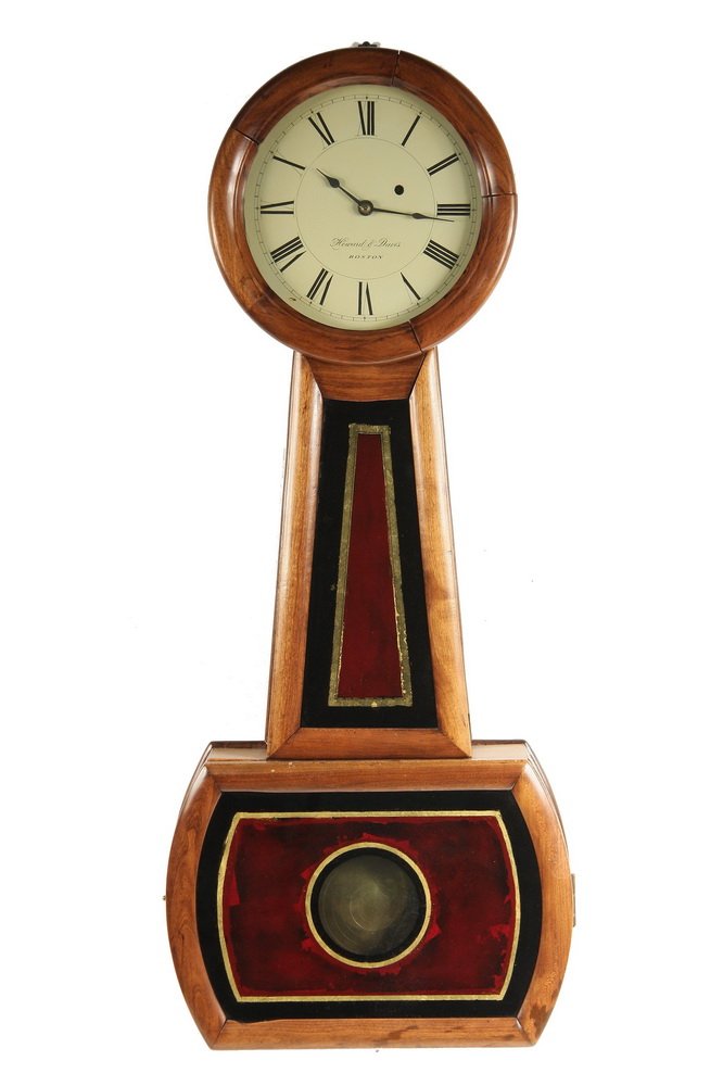 BANJO CLOCK - Howard & Davies #3 Banjo Clock, ca: BANJO CLOCK - Howard & Davies #3 Banjo Clock, ca 1835-40, Boston, in mahogany case, with eight-day brass works, original dial face, eglomise glass panels in throat and lower case, brass bob, 'P & E RR