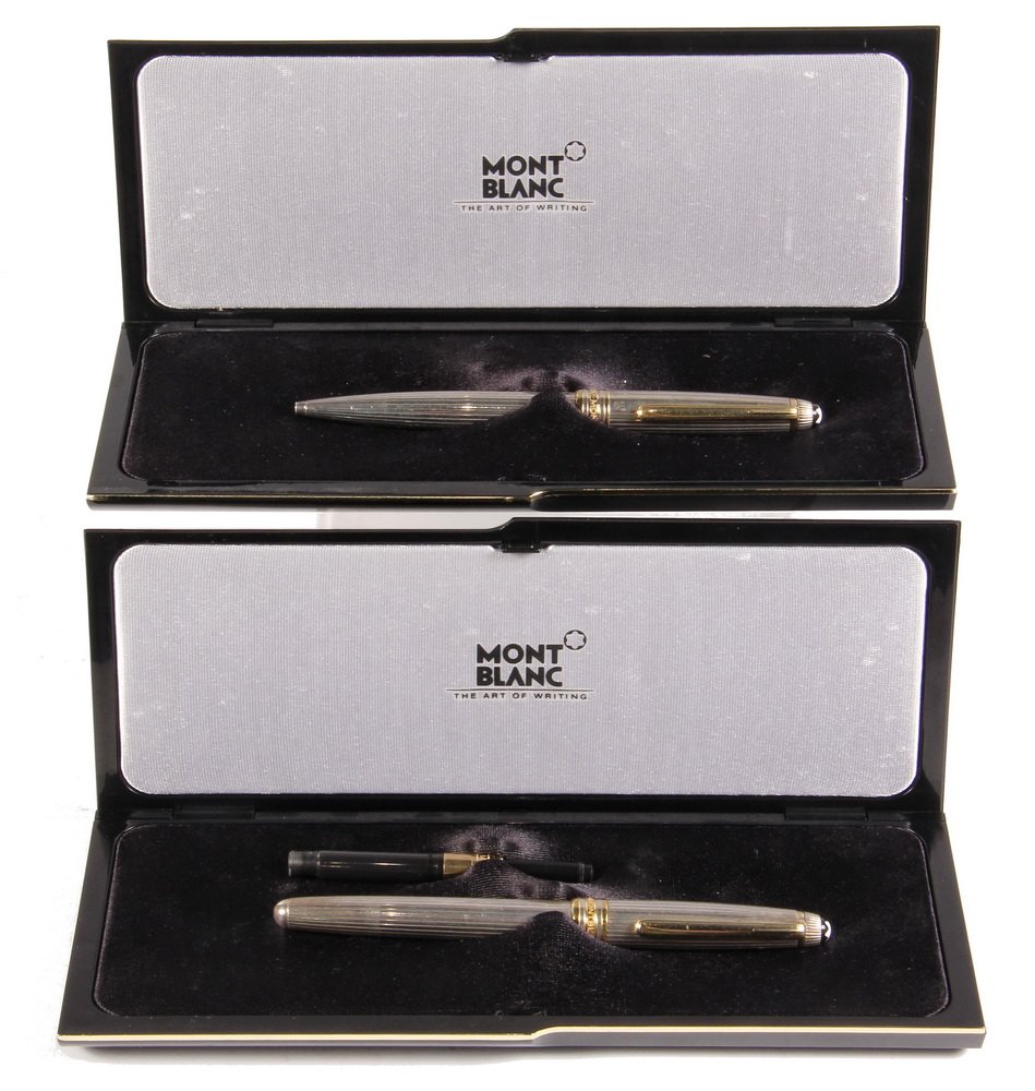(2) MONT BLANC PENS - Meisterstuck Solitaire Fountain: (2) MONT BLANC PENS - Meisterstuck Solitaire Fountain Pen & Ballpoint Pen in original cases, from 1924 design, sterling silver with 18K gold plated rings & clip, 18K gold nib with platinum inlay, seri