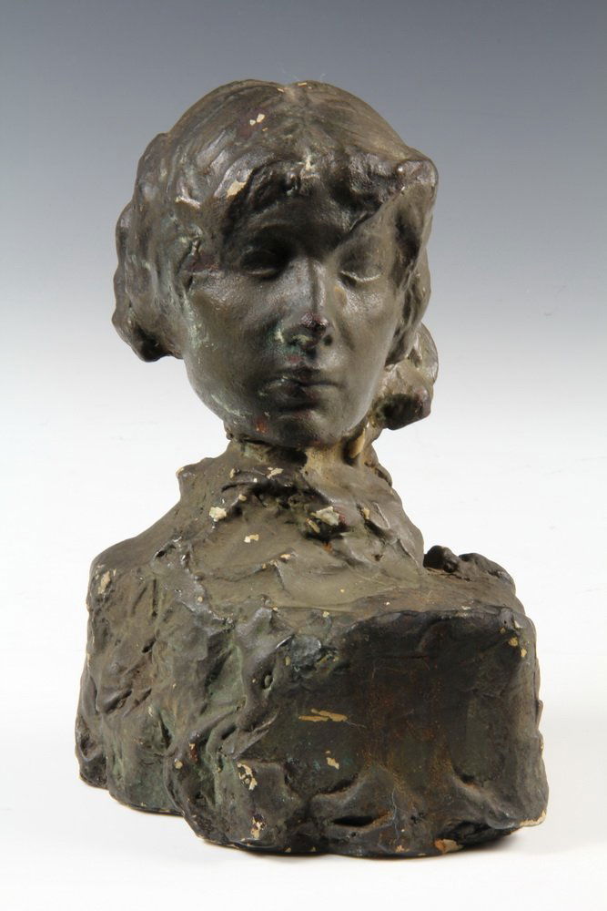 PLASTER BUST - Bronze Painted Plaster Bust attributed: PLASTER BUST - Bronze Painted Plaster Bust attributed to Rembrandt Bugatti (Italy/France, 1875-1963) as a study for his 'Barbara Bugatti en Robe a Longues Manches' of 1906, unmarked, 9" tall, 6" x 4 1