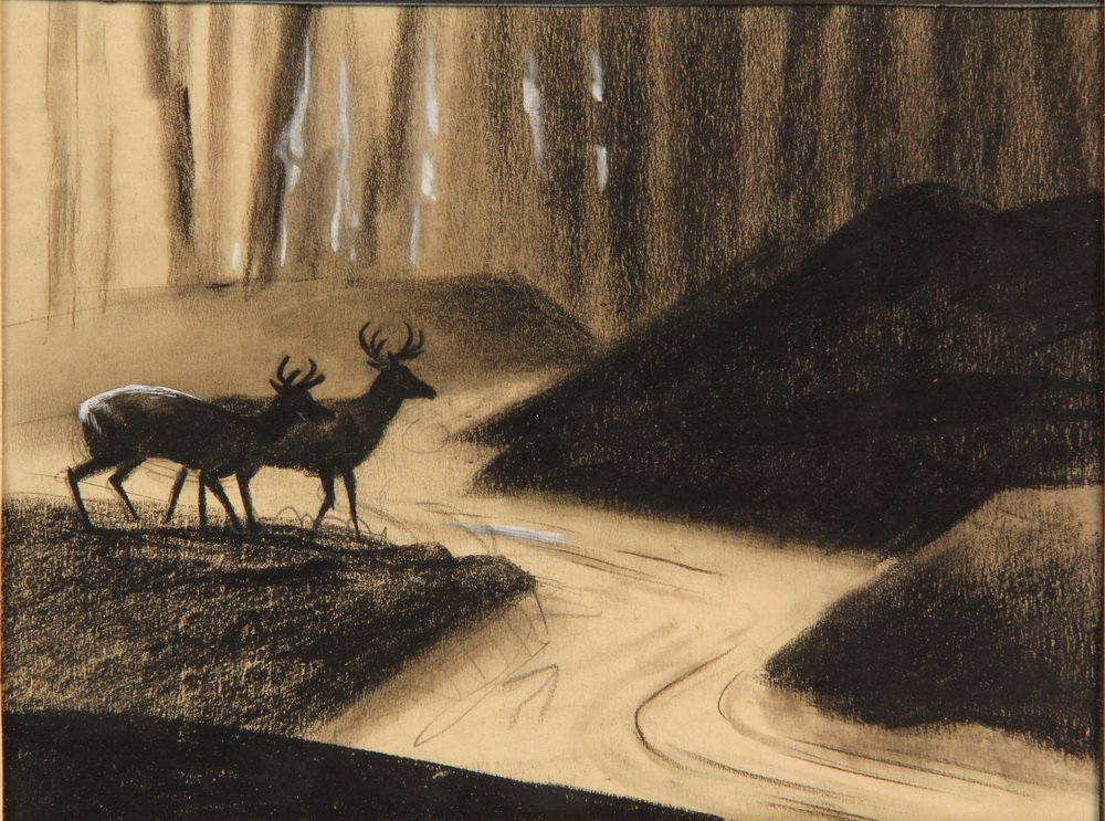 DISNEY CHARCOAL DRAWING - Original Animation Story: DISNEY CHARCOAL DRAWING - Original Animation Story Sketch from the 1937 Disney Movie "Bambi", in the original stick frame with Courvoisier Galleries of San Francisco label verso. OS: 17" x 13". SS: 5 