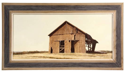 OIL ON CANVAS - 'The Tobacco Barn' by A. Hale Johnson: OIL ON CANVAS - 'The Tobacco Barn' by A. Hale Johnson (MA, 20th-21st c), signed 'Hale' lower left and fully on back, depicting an old barn with fallen wall in grasslands. In faux barnwood frame. OS: 2