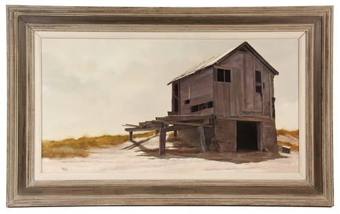 OIL ON CANVAS - 'The Boat House' by A. Hale Johnson: OIL ON CANVAS - 'The Boat House' by A. Hale Johnson (MA, 20th-21st c), signed 'Hale' lower left and fully on back, depicting an old barn with platform in sand dunes. In faux barnwood frame. OS: 23" x