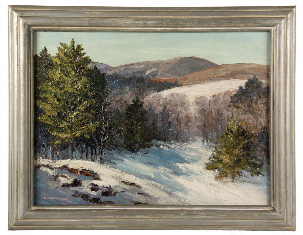 OIL ON CANVAS BOARD - "Winter Landscape" by W.S.: OIL ON CANVAS BOARD - "Winter Landscape" by W.S. Hanaker (20th c. Maine), signed lower left, titled and signed on 1939 Portland Society of Art label verso. In silver painted ribbed frame. OS: 14 3/4"