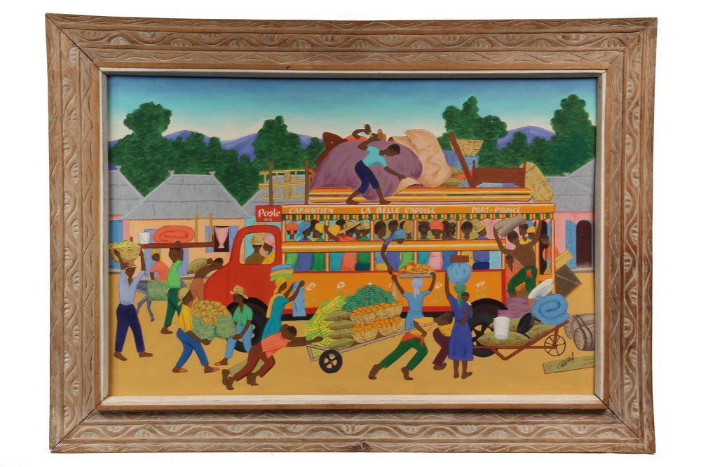 OIL ON MASO - Market Bus by Seymour Etienne Bottex: OIL ON MASO - Market Bus by Seymour Etienne Bottex (Haiti, 1920/22 - ), signed lr, in original handcarved frame with white painted liner, SS: 23" x 35", OS: 31 1/4" x 43 1/4", fine condition.