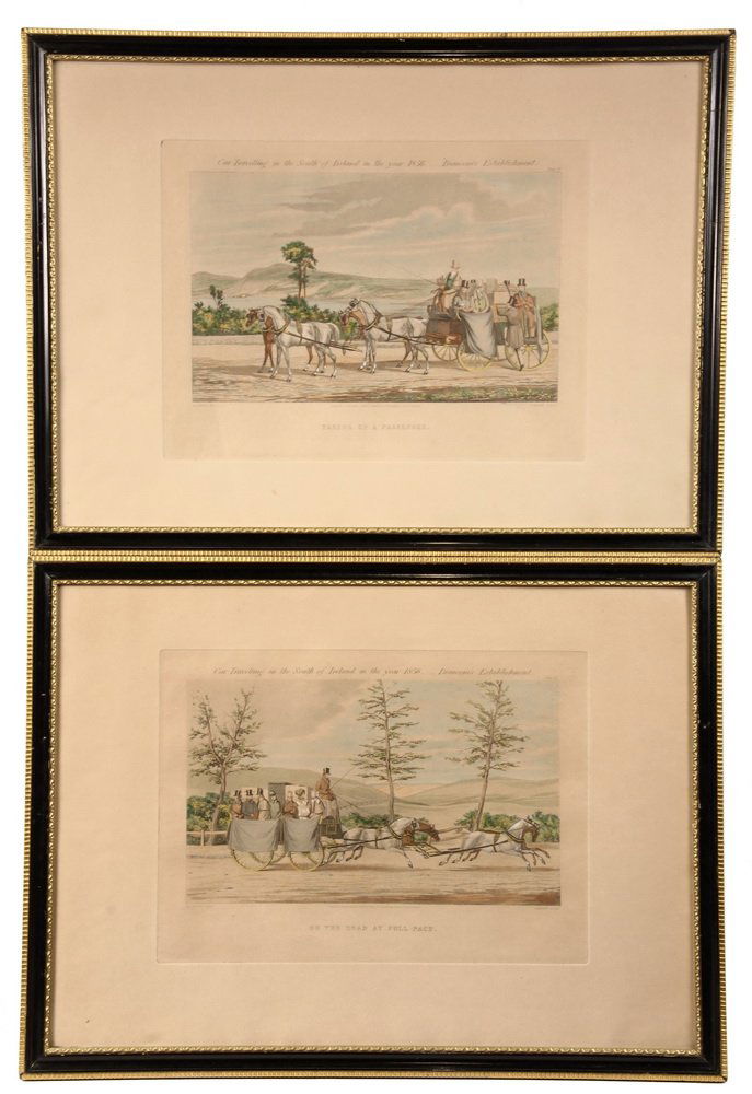 SET OF (6) IRISH COACHING SCENES - "Car Traveling in: SET OF (6) IRISH COACHING SCENES - "Car Traveling in the South of Ireland in the year 1856, Bianconi's Establishment", published by Ackermann, London. In gold and black molded frames, under glass. Onl