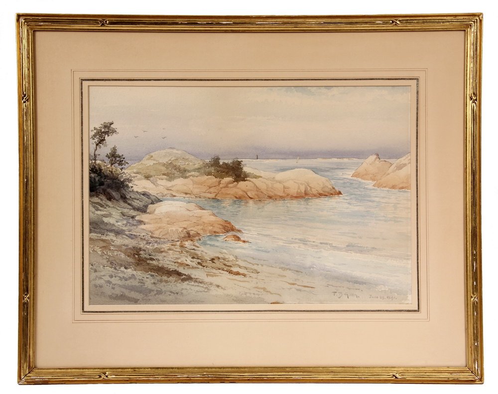WATERCOLOR - Cape Cod Coastal Scene by Frederick B.: WATERCOLOR - Cape Cod Coastal Scene by Frederick B. Allen (MA, 19th-20th c), signed lr and dated June 29, 1891. In gilt Arts & Crafts frame, french-lined mat, glazed. Foster Bros Boston label verso. O