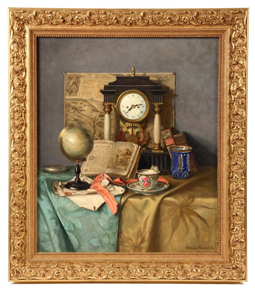 OIL ON CANVAS - Still Life with Clock, Tea Cup, Globe &: OIL ON CANVAS - Still Life with Clock, Tea Cup, Globe & Book, by Franz Krischke (Austrian, 1885-1960), signed lr, in fancy gilt frame. OS: 29 1/2" x 26". SS: 23 1/2" x 20". Fine condition.