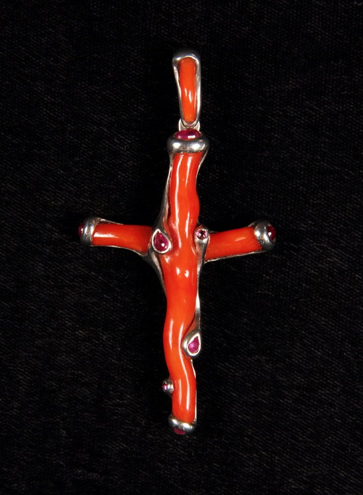 DESIGNER PENDANT - Sterling Silver Mounted Red Coral: DESIGNER PENDANT - Sterling Silver Mounted Red Coral Cross Pendant, set with (8) small rubies, a custom one-of-a-kind design by Tonis. 3" x 1 1/2". Fine condition.