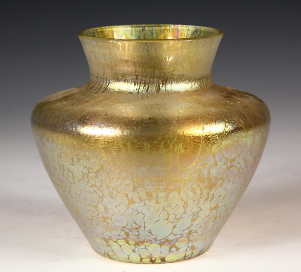 LOETZ ART GLASS VASE - Iridescent High-Shouldered Vase: LOETZ ART GLASS VASE - Iridescent High-Shouldered Vase with flared standing rim. Circa 1910. 5" tall. Fine condition.