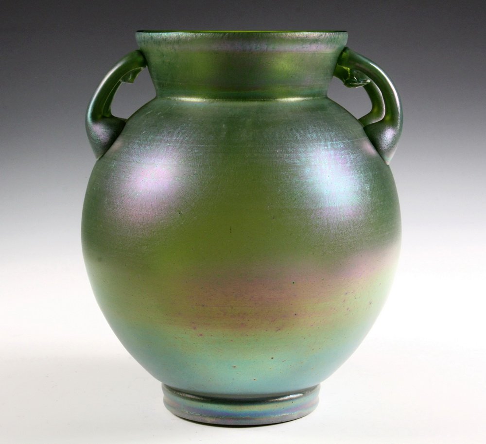 RARE ART GLASS VASE - Classical Form Iridescent Green: RARE ART GLASS VASE - Classical Form Iridescent Green Vase with two double-loop handles, tall flared rim. Unmarked, circa 1910, possibly Loetz. 12 1/2" tall, 9 3/4" diam. Fine condition.