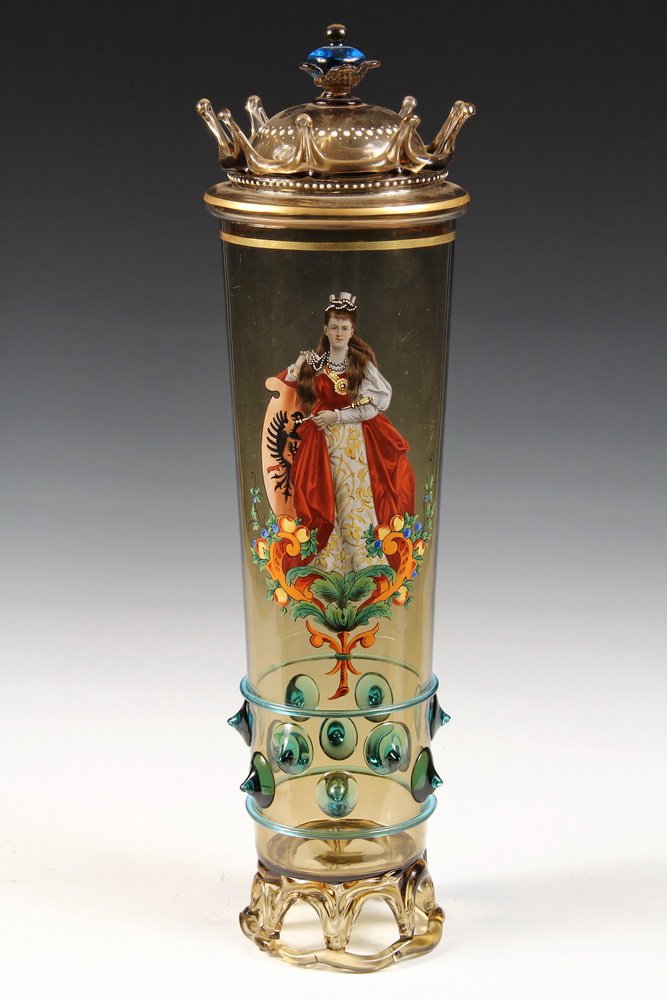 BAVARIAN POKAL - 19th c. German Handblown Crowned Award: BAVARIAN POKAL - 19th c. German Handblown Crowned Award Drinking Cup with enamel portrait of Victoria, Empress of Germany and Queen of Bavaria, wife of Emperor Frederick III, eldest daughter of Queen 