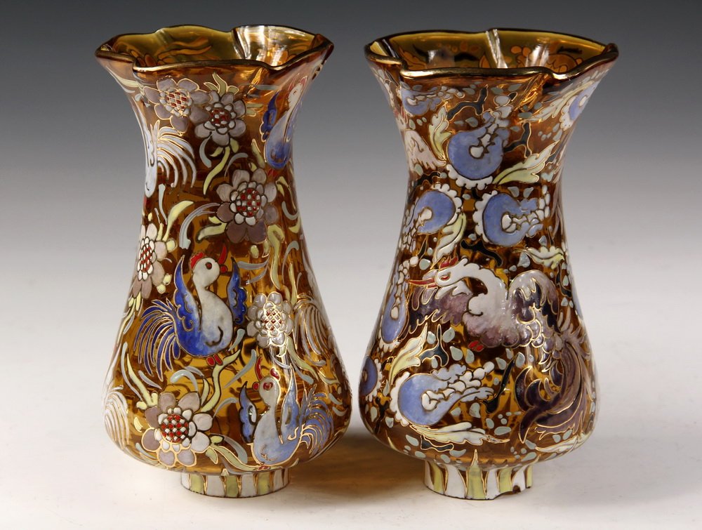PAIR OF ART GLASS CANDLE SHADES - Spanish Amber Glass: PAIR OF ART GLASS CANDLE SHADES - Spanish Amber Glass Tall Shades signed 'Royo', circa 1950, with canted sides, ruffled top, overall Catalan enameled decoration of birds & flowers by Jose Ciro Royo. I