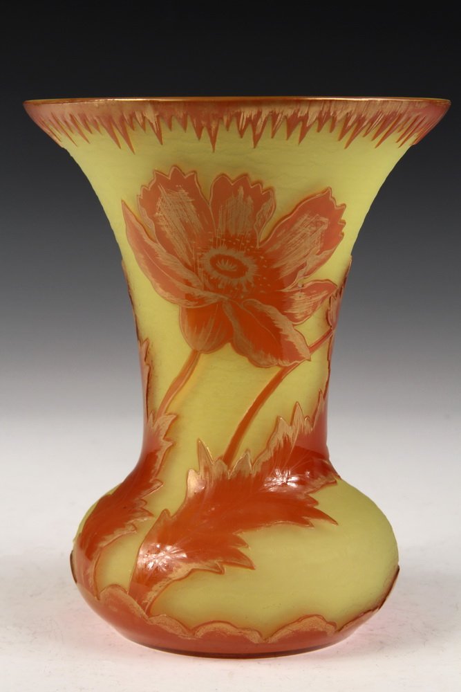 ART GLASS VASE - Bohemian Cameo Glass Vase, Novy Bor: ART GLASS VASE - Bohemian Cameo Glass Vase, Novy Bor School, red orange flowers and edging with gilt detail, over lemon yellow, with bulbous base, flared neck. Circa 1900. 7 3/4" tall. Fine condition.