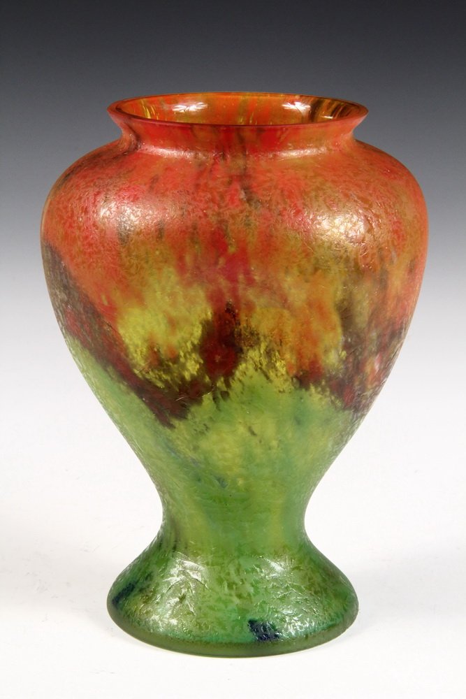 ART GLASS VASE - Czech Glass Vase in chipped ice: ART GLASS VASE - Czech Glass Vase in chipped ice surface, orange to green striation, pinched side, possibly Loetz. Stamped 'Czechoslovakia' in white ink on underside. 8 1/2" tall. Fine condition.
