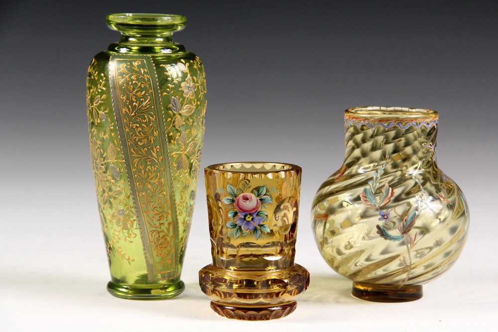 (3 PCS) MOSER ART GLASS - All with enamel and gilt: (3 PCS) MOSER ART GLASS - All with enamel and gilt decoration, including: 3 1/2" Toothpick Holder in amber; 4 1/2" Swirl Ovoid Vase in amber & 6 3/4" Baluster Form Vase in pale green. Very good condit