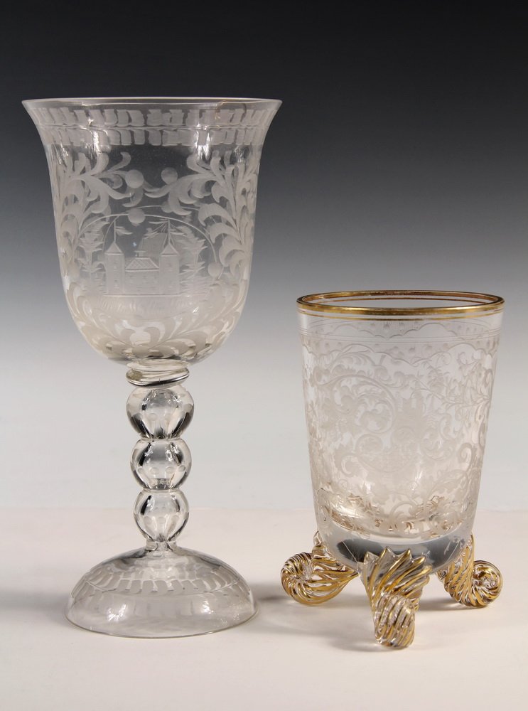 ART GLASS GOBLET & BEAKER - Early 20th c. Etched Glass: ART GLASS GOBLET & BEAKER - Early 20th c. Etched Glass Wine Goblet & Three-Footed Etched Beaker with gilt detailing. 7 3/4" & 4 3/4" tall. Fine condition.