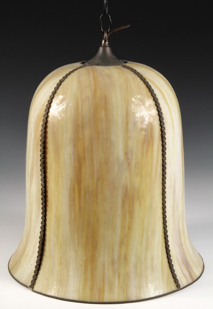 ART GLASS SWAG LAMP - Four Panel Caramel Slag Glass: ART GLASS SWAG LAMP - Four Panel Caramel Slag Glass Tall Domed Swag Lamp with flared rim, flower blossom armature, milk glass interior globe. Circa 1950s, 18" tall, 15 1/2" diam. Good condition.