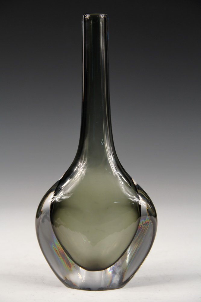 ART GLASS VASE - Handblown Bottle Vase by Orrefors, in: ART GLASS VASE - Handblown Bottle Vase by Orrefors, in clear shell with smoky topaz interior, flattened ovoid body with elongated neck. Signed on underside & marked '3533/45'. 11 1/2" tall. Fine condi