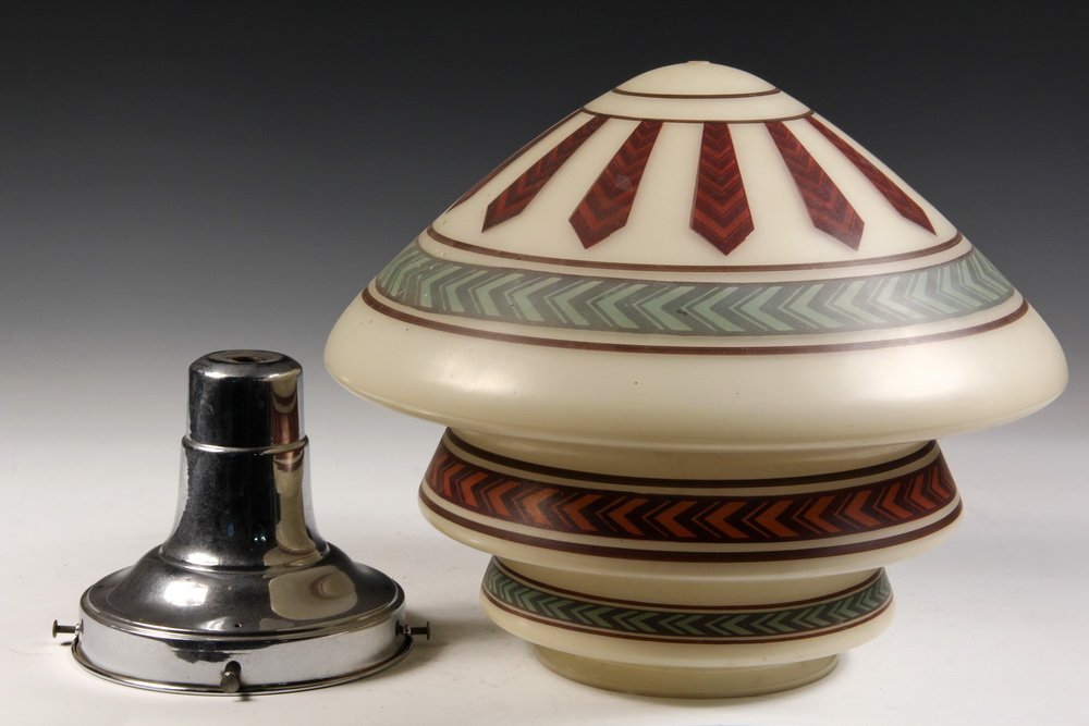 CEILING LIGHT SHADE - Art Deco Stencil Painted Glass: CEILING LIGHT SHADE - Art Deco Stencil Painted Glass Ceiling Lamp Shade in three-stepped conical form, with the original chromed cowling (no socket). 11 1/2" x 13 1/3" glass only. Fine condition.