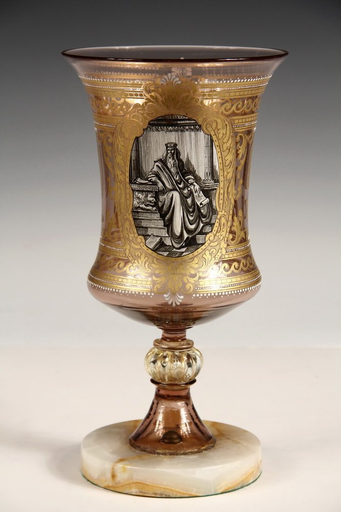 LARGE JUDAICA GLASS CHALICE - Enameled and Gilt: LARGE JUDAICA GLASS CHALICE - Enameled and Gilt Lavender Glass, in the manner of Moser, mounted on a marble base, depicting Abraham enthroned and Moses descending from Mt Sinai with the Ten Commandmen