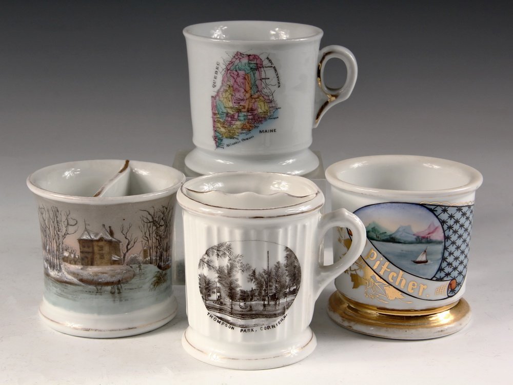 (4) SOUVENIR SHAVING MUGS - Inc: 'Thompson Park,: (4) SOUVENIR SHAVING MUGS - Inc: 'Thompson Park, Cornish, Me', made in Germany for Jameson & Marr, transferware; Map of Maine by Victoria of Austria; View of Lake with Sailboat for P. Pitcher, unmarke