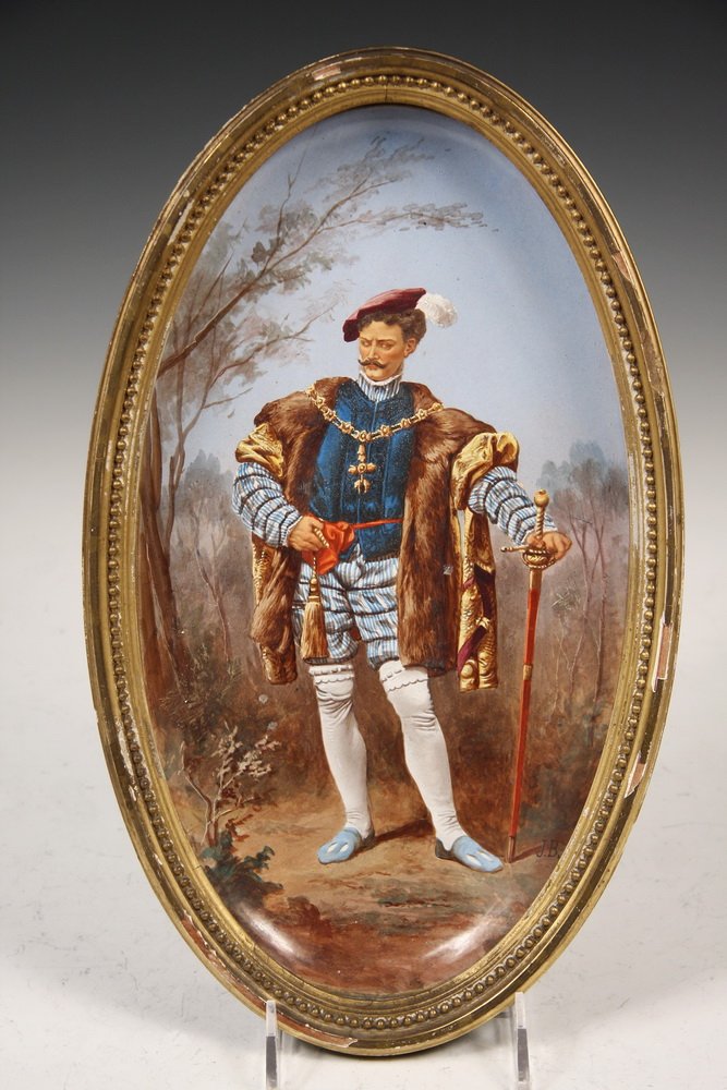 CHOISY LE ROI PAINTED PLAQUE - French Portrait of: CHOISY LE ROI PAINTED PLAQUE - French Portrait of Renaissance Gentleman, on oval concave porcelain plaque, initialed 'JB' lr and with the impressed mark of Hippolyte Boulenger Choisy, circa 1850, in g