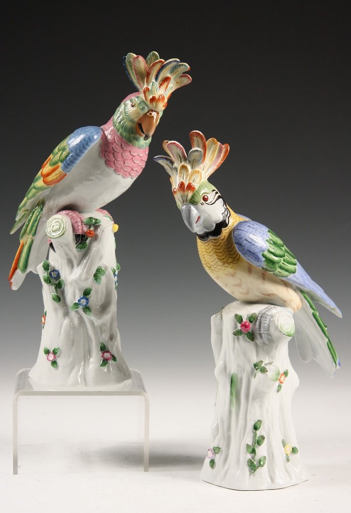 PAIR PORCELAIN COCKATOOS - Pair of Porcelain Figures of: PAIR PORCELAIN COCKATOOS - Pair of Porcelain Figures of Cockatoos atop Tree Trunks, in the French style, made by Jeanne Reed for the Preservation Society of Newport County, 12 3/4" tall, roughly 7" x 