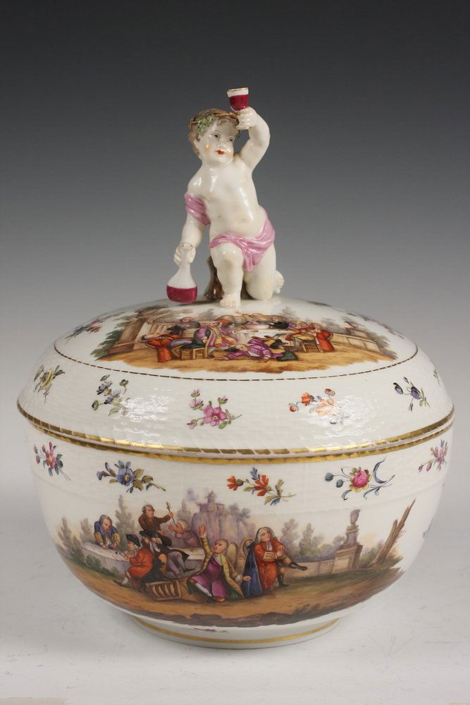 KPM RUMTOPF - 19TH c. KPM Porcelain Rumtopf: KPM RUMTOPF - 19TH c. KPM Porcelain Rumtopf, with transfer scenes of aristocratic garden feasting and overall floral decoration over basketweave textured border, gilt edged, the cover surmounted by a