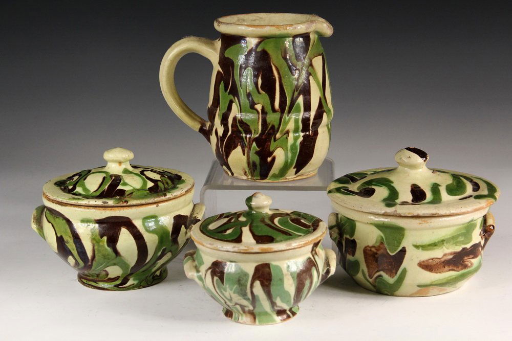 (4 PCS) JASPE POTTERY - French Provencial Country: (4 PCS) JASPE POTTERY - French Provencial Country Antique Green & Brown on Cream Glazed Jaspe Pitcher & Three Covered Bowls. 4 1/4" to 6" tall. Good condition, glaze and rim flakes.