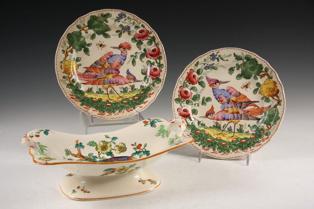 COPELAND TAZZA & (2) CHELSEA PLATES - Copeland Spode: COPELAND TAZZA & (2) CHELSEA PLATES - Copeland Spode Tazza with handles, having transfer decoration of an exotic bird, handpainted border, 4 1/4", 11 3/4" x 12 1/2", repaired handle; PLUS Two Earlier 