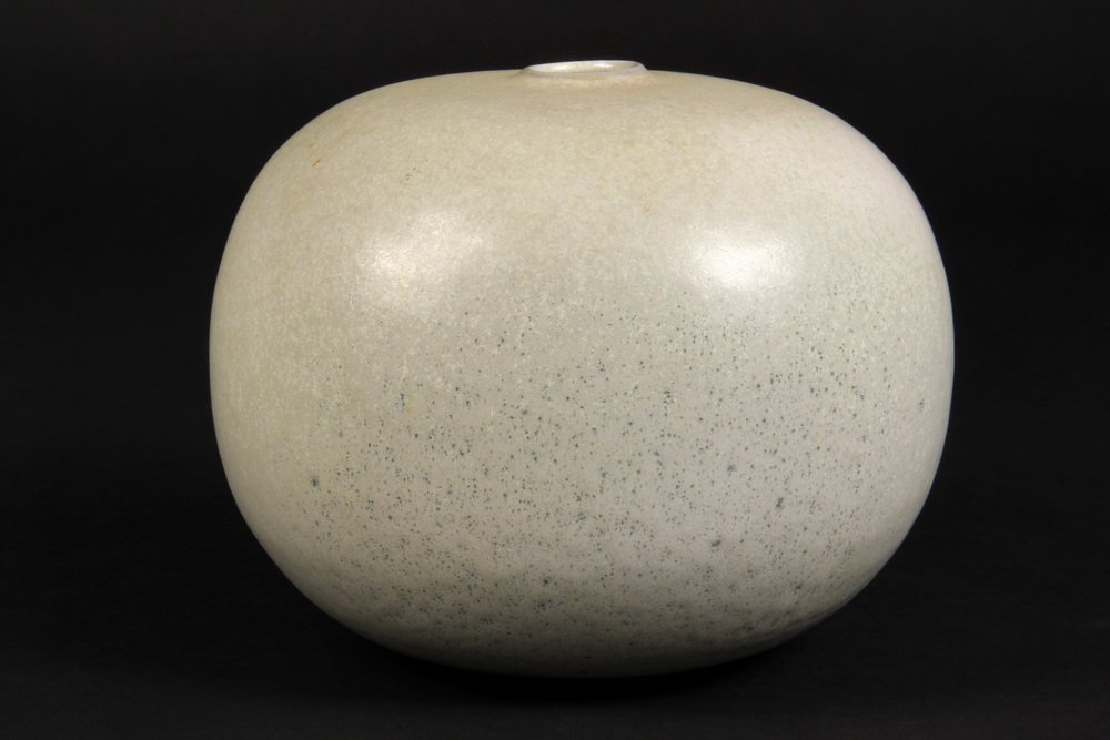 BROTHER THOMAS BEZANSON POTTERY - Low Ovoid Vase with: BROTHER THOMAS BEZANSON POTTERY - Low Ovoid Vase with small rimless opening, in pale green iridescent pearl glaze. Signed. 5 1/2" x 7" diam. Fine condition.