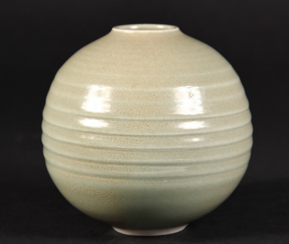 BROTHER THOMAS BEZANSON POTTERY - Ribbed Ovoid Vase: BROTHER THOMAS BEZANSON POTTERY - Ribbed Ovoid Vase with small rimless opening, in dark celadon glaze. Signed. 5 1/4" x 5 1/2" diam. Fine condition.