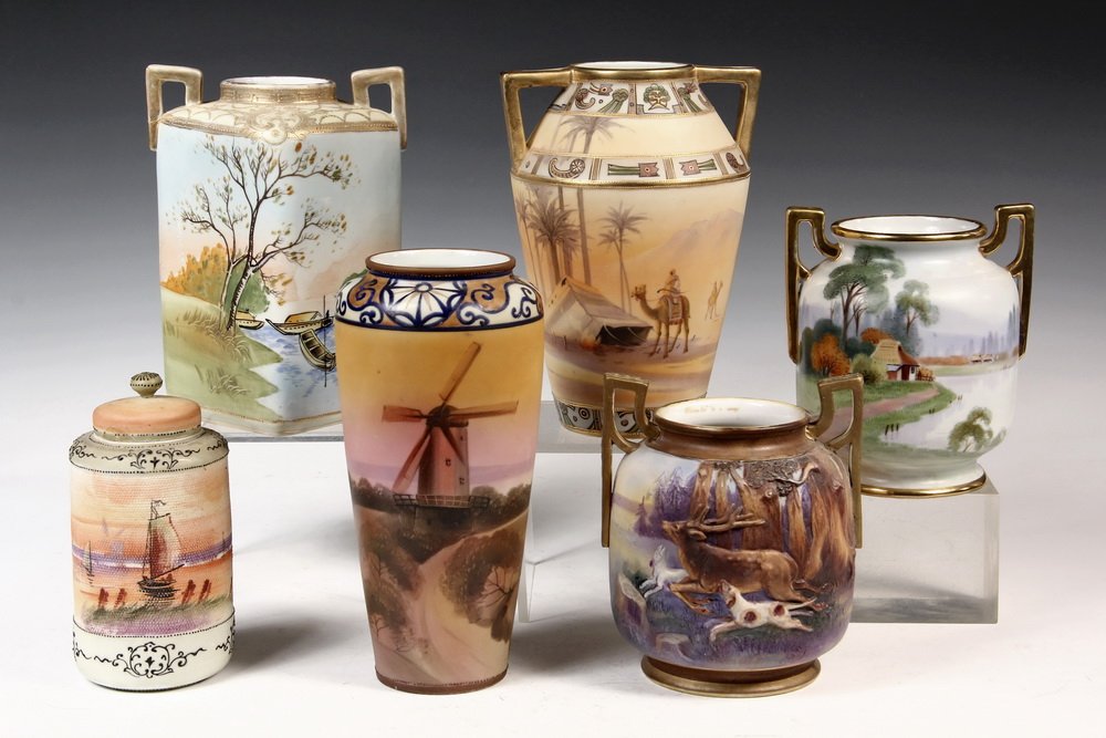 (6 PCS) NIPPON PORCELAIN - Four Two-Handled Vases,: (6 PCS) NIPPON PORCELAIN - Four Two-Handled Vases, Baluster Vase & Covered Jar with handpainted landscapes, some with gilt moriage, one with relief decoration of dogs harrying a deer. 6 1/2" to 8 1/2"